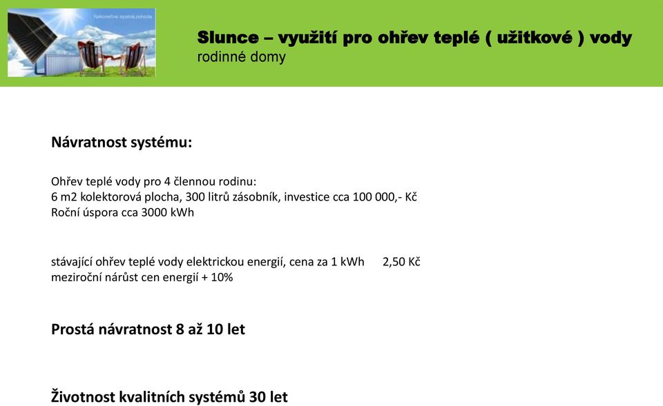 Kč Roční úspora cca 3000 kwh stávající ohřev teplé vody elektrickou energií, cena za 1 kwh