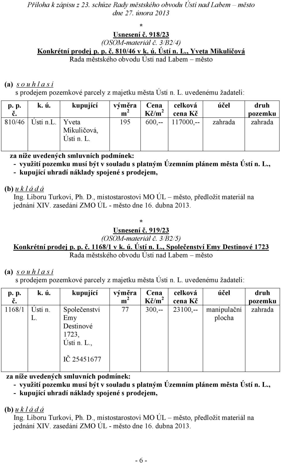 Liboru Turkovi, Ph. D., místostarostovi MO ÚL město, předložit materiál na jednání XIV. zasedání ZMO ÚL - město dne 16. dubna 2013. Usnesení č. 919/23 (OSOM-materiál č. 3/B2/5) Konkrétní prodej p. p. č. 1168/1 v k.