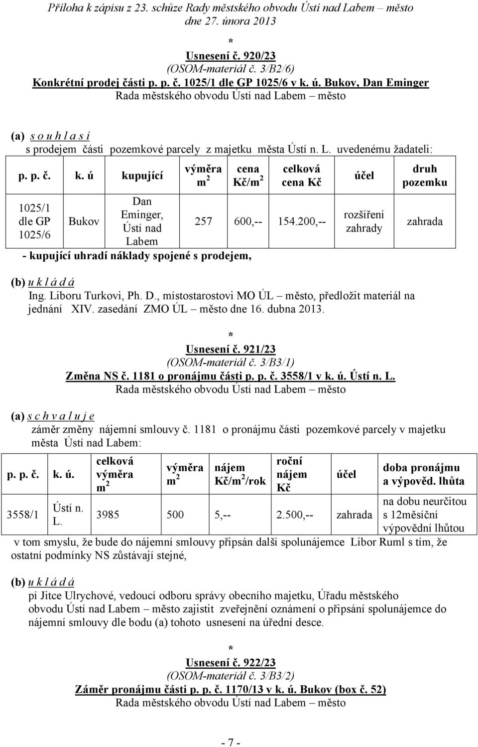 zasedání ZMO ÚL město dne 16. dubna 2013. Usnesení č. 921/23 (OSOM-materiál č. 3/B3/1) Změna NS č. 1181 o pronájmu části p. p. č. 3558/1 v k. ú. Ústí n. L.