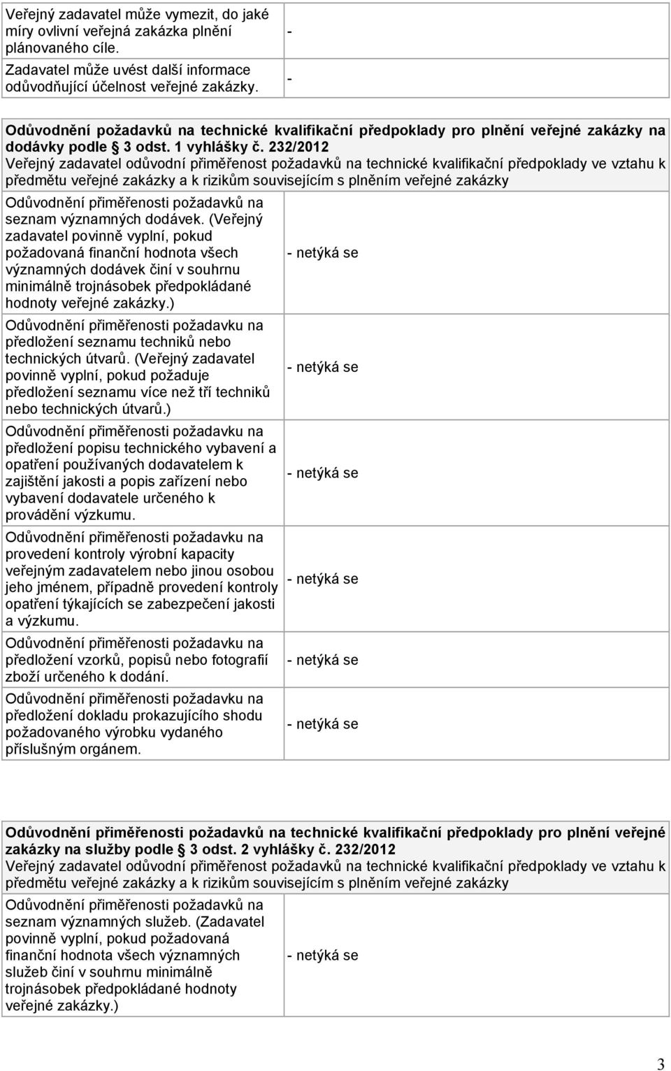 232/2012 Veřejný zadavatel odůvodní přiměřenost požadavků na technické kvalifikační předpoklady ve vztahu k předmětu veřejné zakázky a k rizikům souvisejícím s plněním veřejné zakázky Odůvodnění