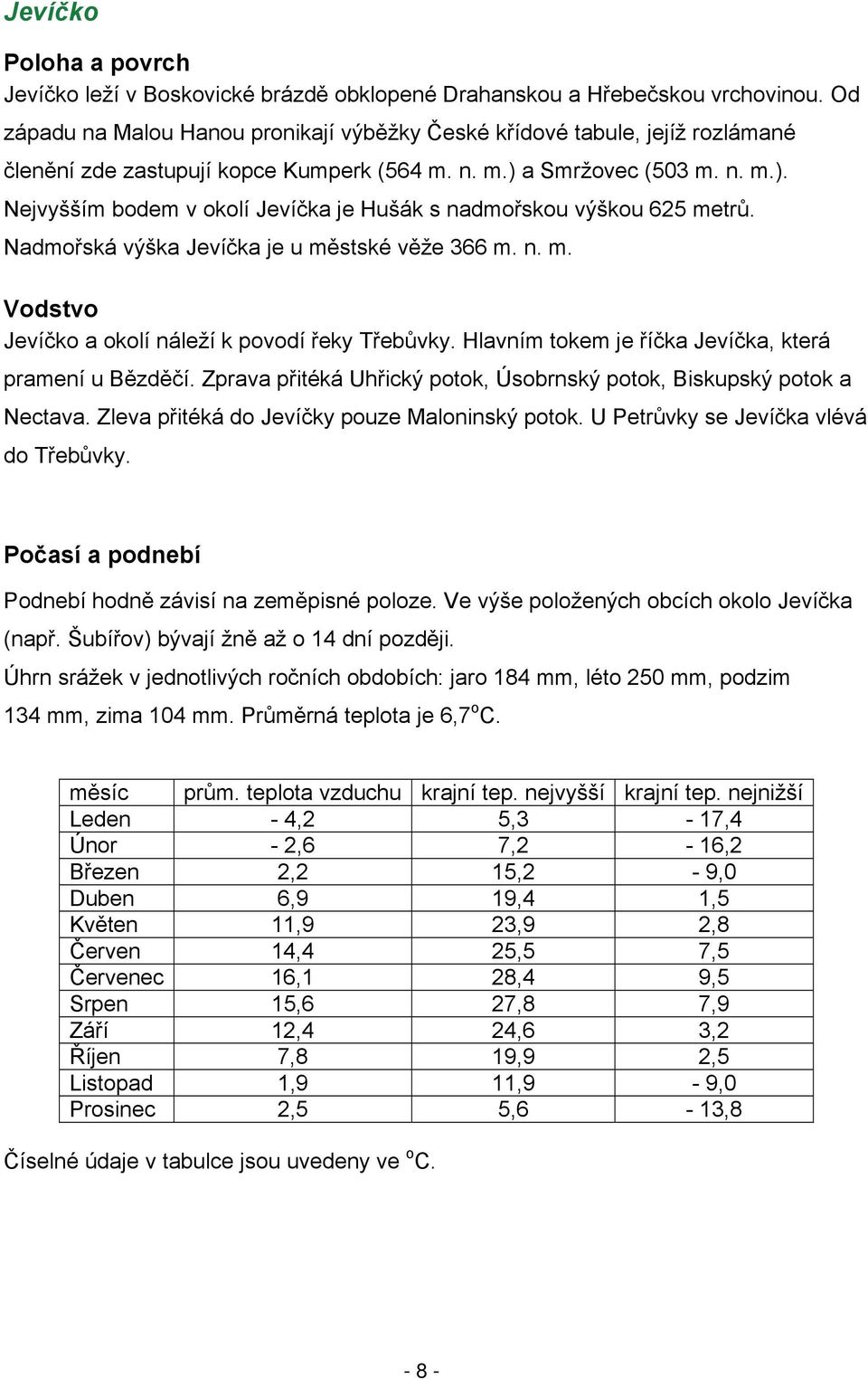 a Smržovec (503 m. n. m.). Nejvyšším bodem v okolí Jevíčka je Hušák s nadmořskou výškou 625 metrů. Nadmořská výška Jevíčka je u městské věže 366 m. n. m. Vodstvo Jevíčko a okolí náleží k povodí řeky Třebůvky.