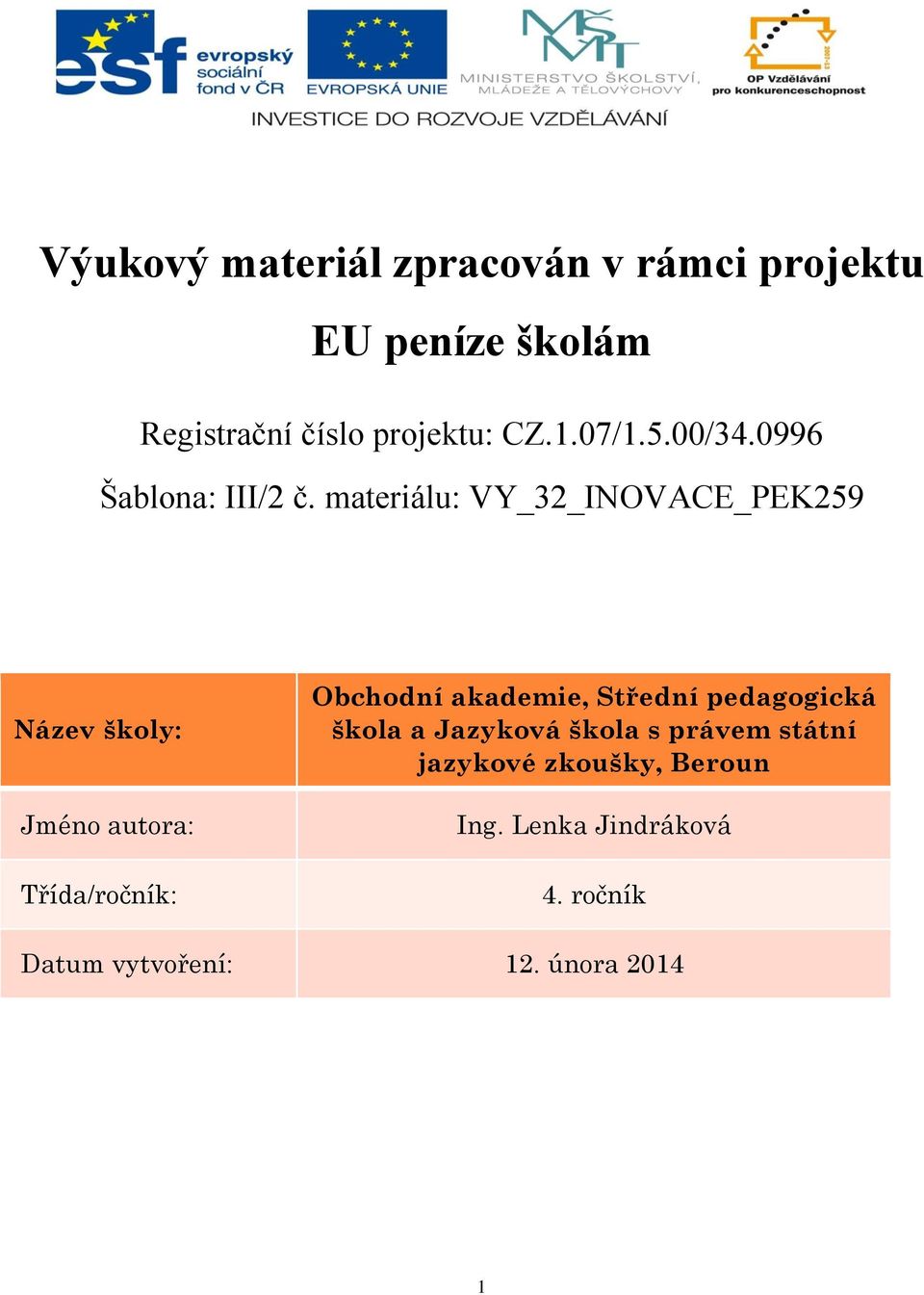 materiálu: VY_32_INOVACE_PEK259 Název školy: Jméno autora: Třída/ročník: Obchodní akademie,