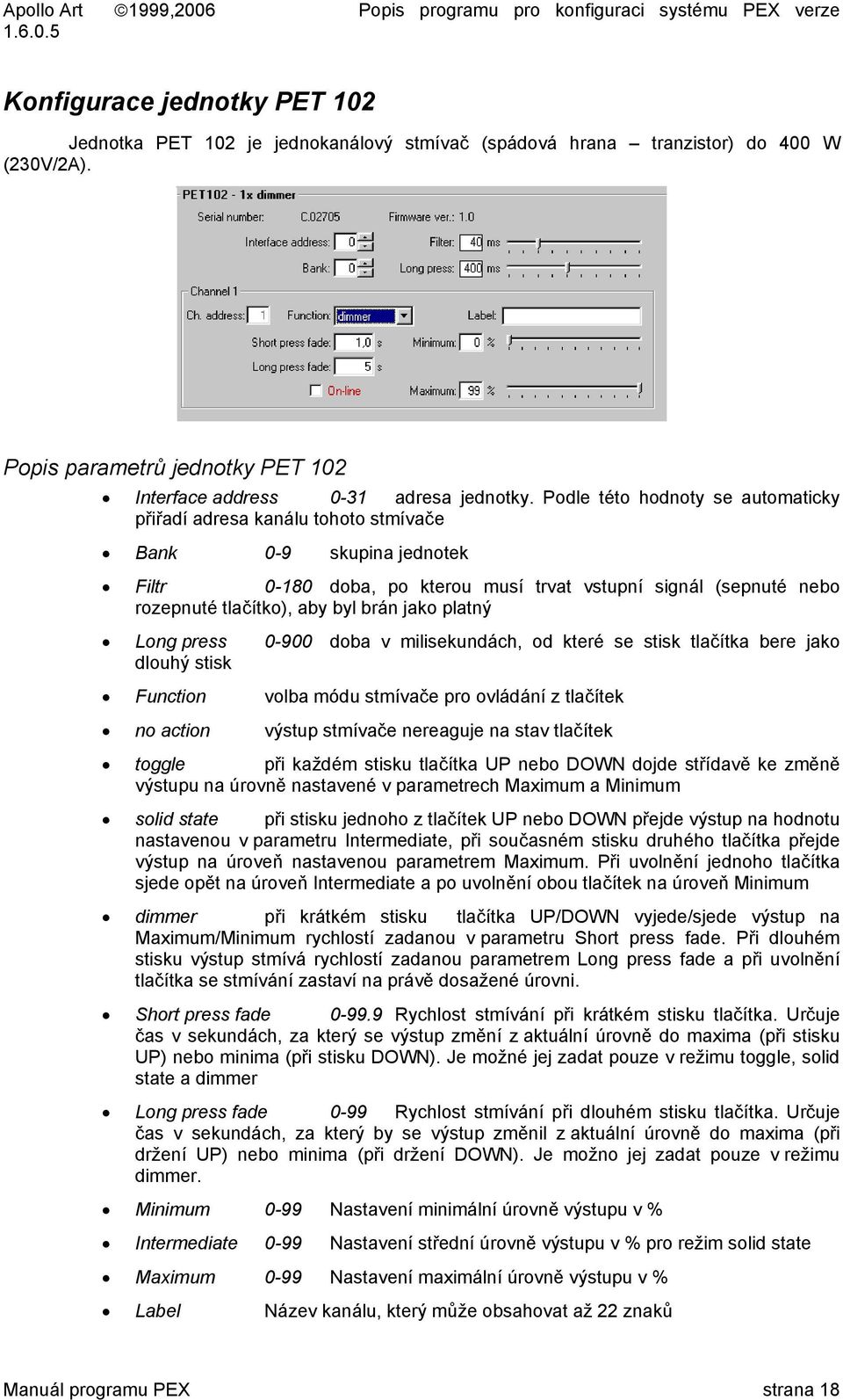 jako platný Long press 0-900 doba v milisekundách, od které se stisk tlačítka bere jako dlouhý stisk Function volba módu stmívače pro ovládání z tlačítek no action výstup stmívače nereaguje na stav