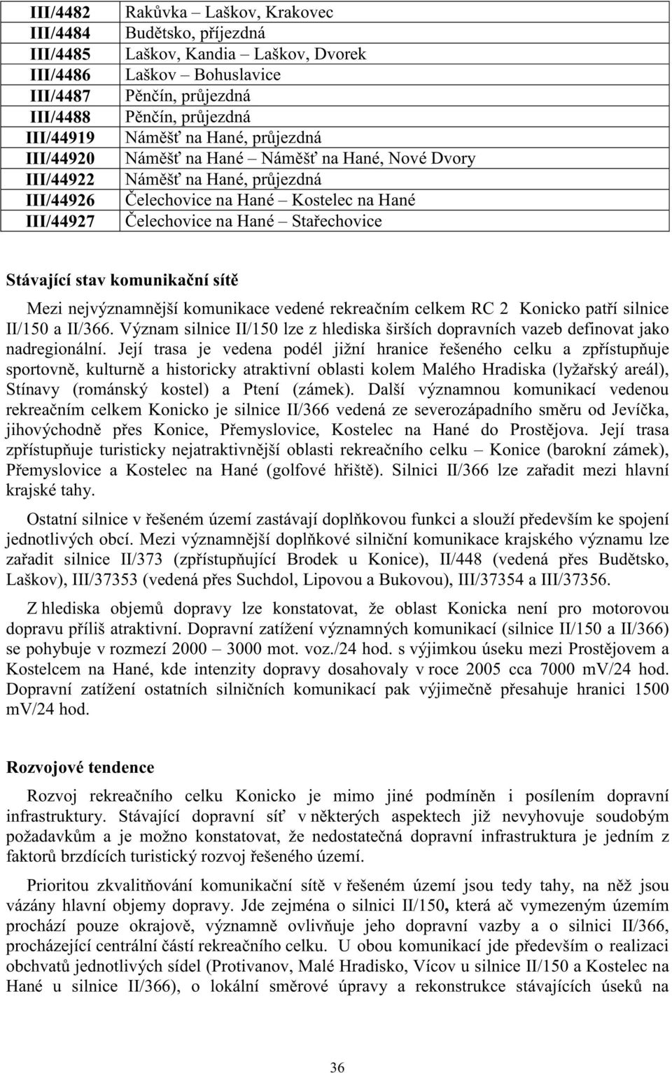 Stávající stav komunika ní sít Mezi nejvýznamn jší komunikace vedené rekrea ním celkem RC 2 Konicko pat í silnice II/150 a II/366.