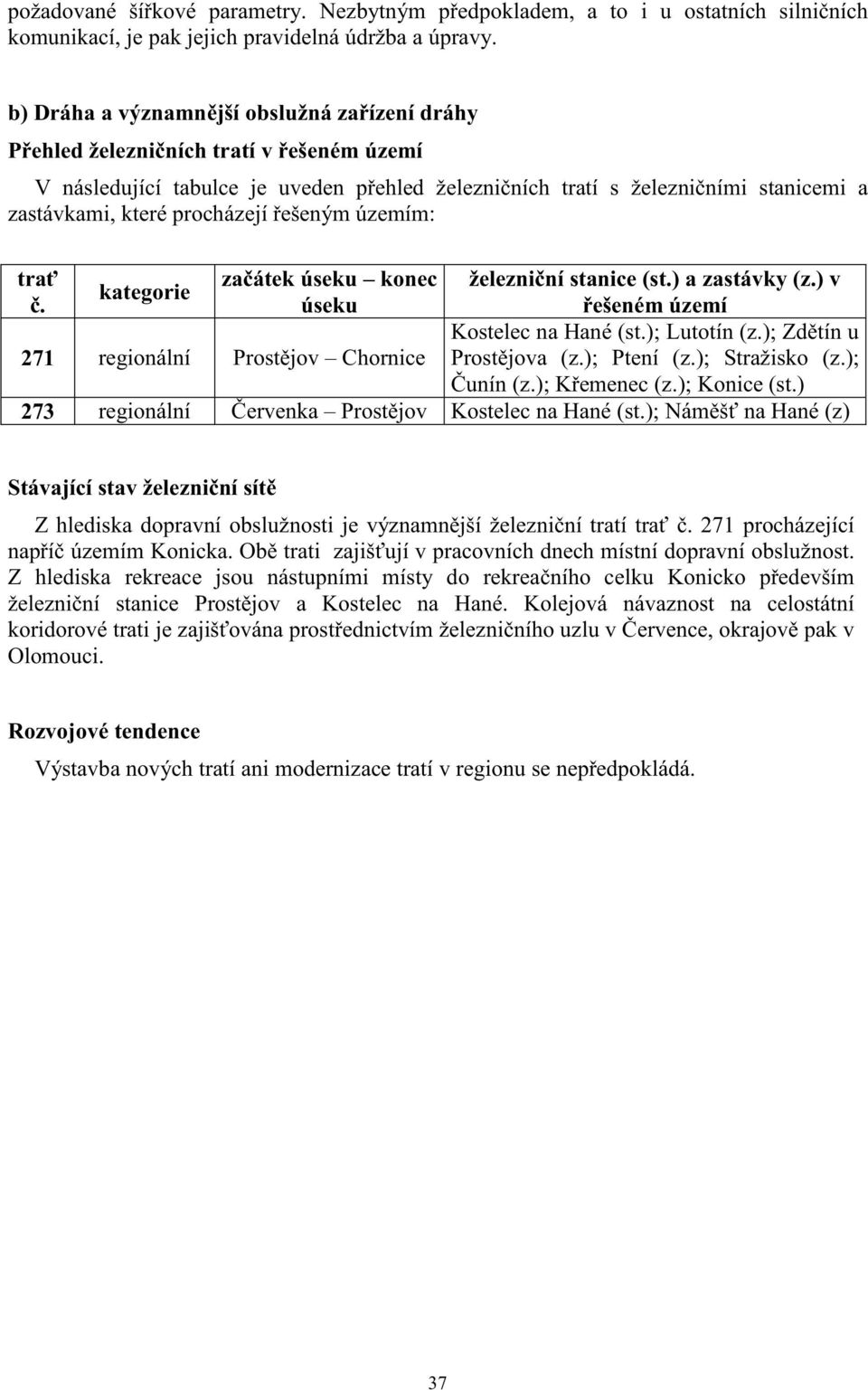 procházejí ešeným územím: tra za átek úseku konec železni ní stanice (st.) a zastávky (z.) v kategorie. úseku ešeném území Kostelec na Hané (st.); Lutotín (z.