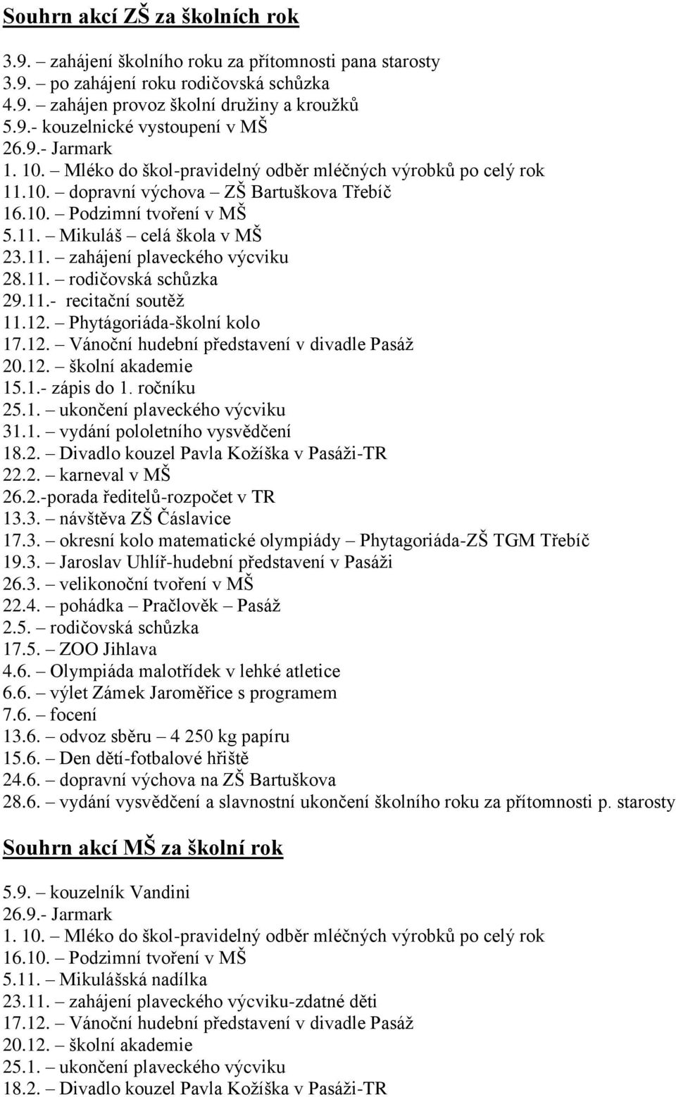 11. rodičovská schůzka 29.11.- recitační soutěž 11.12. Phytágoriáda-školní kolo 17.12. Vánoční hudební představení v divadle Pasáž 20.12. školní akademie 15.1.- zápis do 1. ročníku 25.1. ukončení plaveckého výcviku 31.