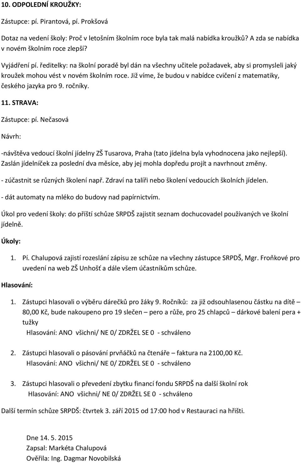 Již víme, že budou v nabídce cvičení z matematiky, českého jazyka pro 9. ročníky. 11. STRAVA: Zástupce: pí.