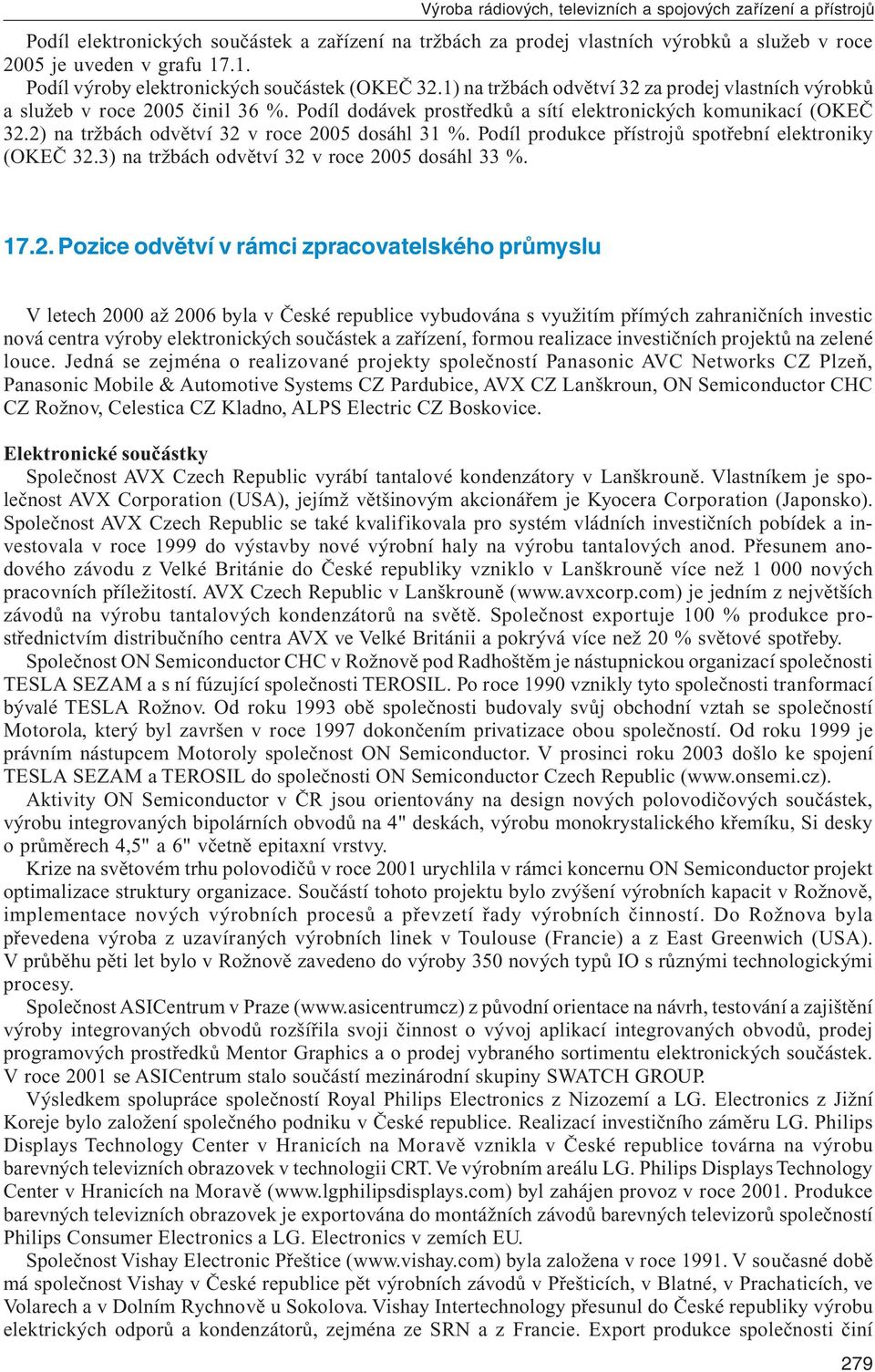 Podíl dodávek prostředků a sítí elektronických komunikací (OKEČ 32.2) na tržbách odvětví 32 v roce 2005 dosáhl 31 %. Podíl produkce přístrojů spotřební elektroniky (OKEČ 32.