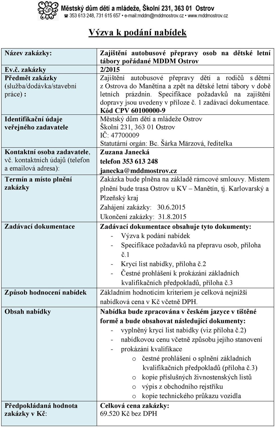 kontaktních údajů (telefon a emailová adresa): Termín a místo plnění zakázky Zadávací dokumentace Způsob hodnocení nabídek Obsah nabídky Předpokládaná hodnota zakázky v Kč: Výzva k podání nabídek