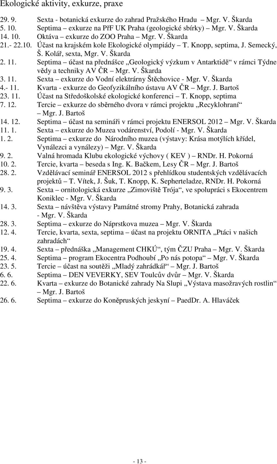 Septima účast na přednášce Geologický výzkum v Antarktidě v rámci Týdne vědy a techniky AV ČR Mgr. V. Škarda 3. 11. Sexta exkurze do Vodní elektrárny Štěchovice - Mgr. V. Škarda 4.- 11.