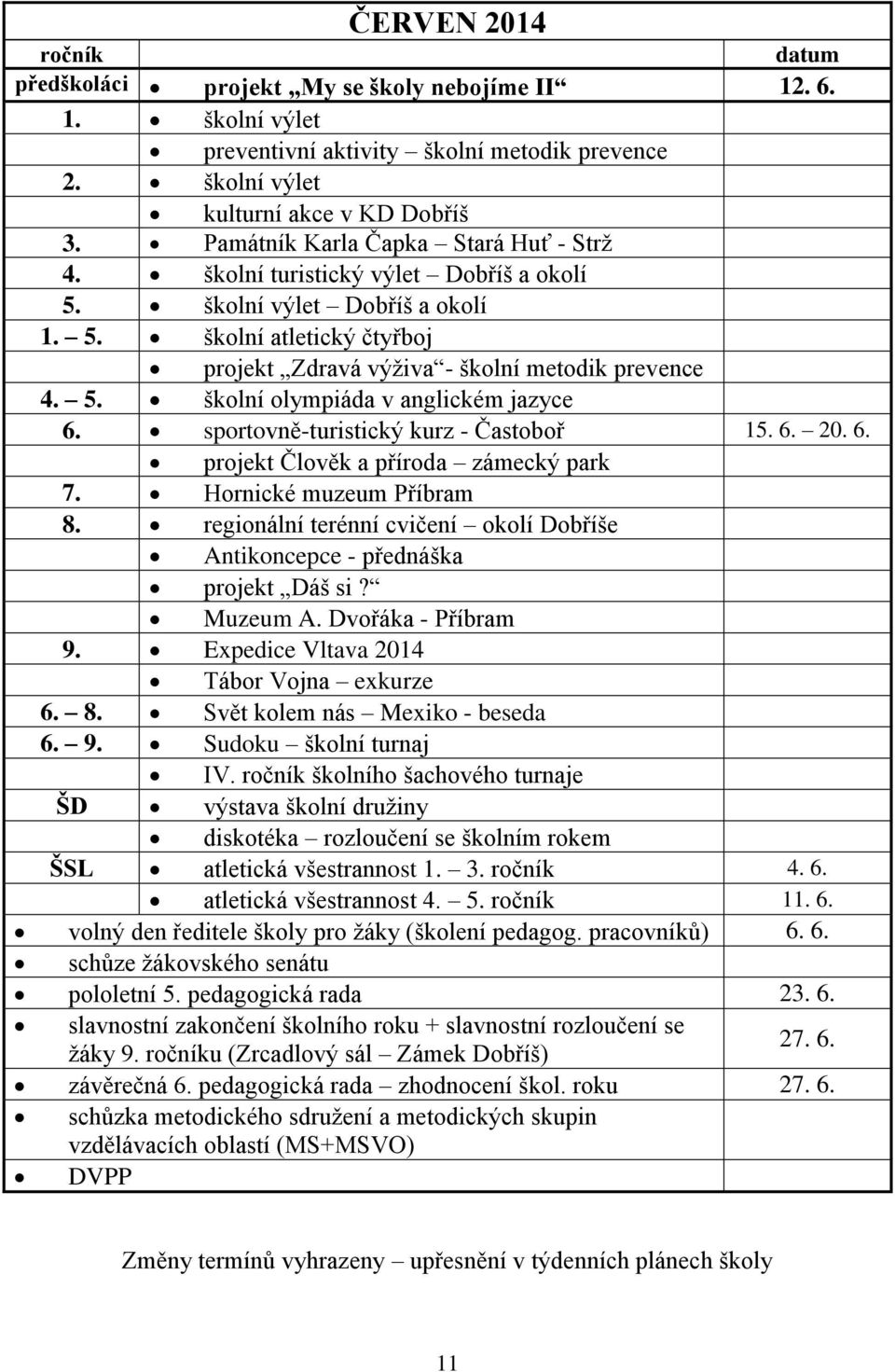sportovně-turistický kurz - Častoboř 15. 6. 20. 6. projekt Člověk a příroda zámecký park 7. Hornické muzeum Příbram 8. regionální terénní cvičení okolí Dobříše Antikoncepce - přednáška projekt Dáš si?