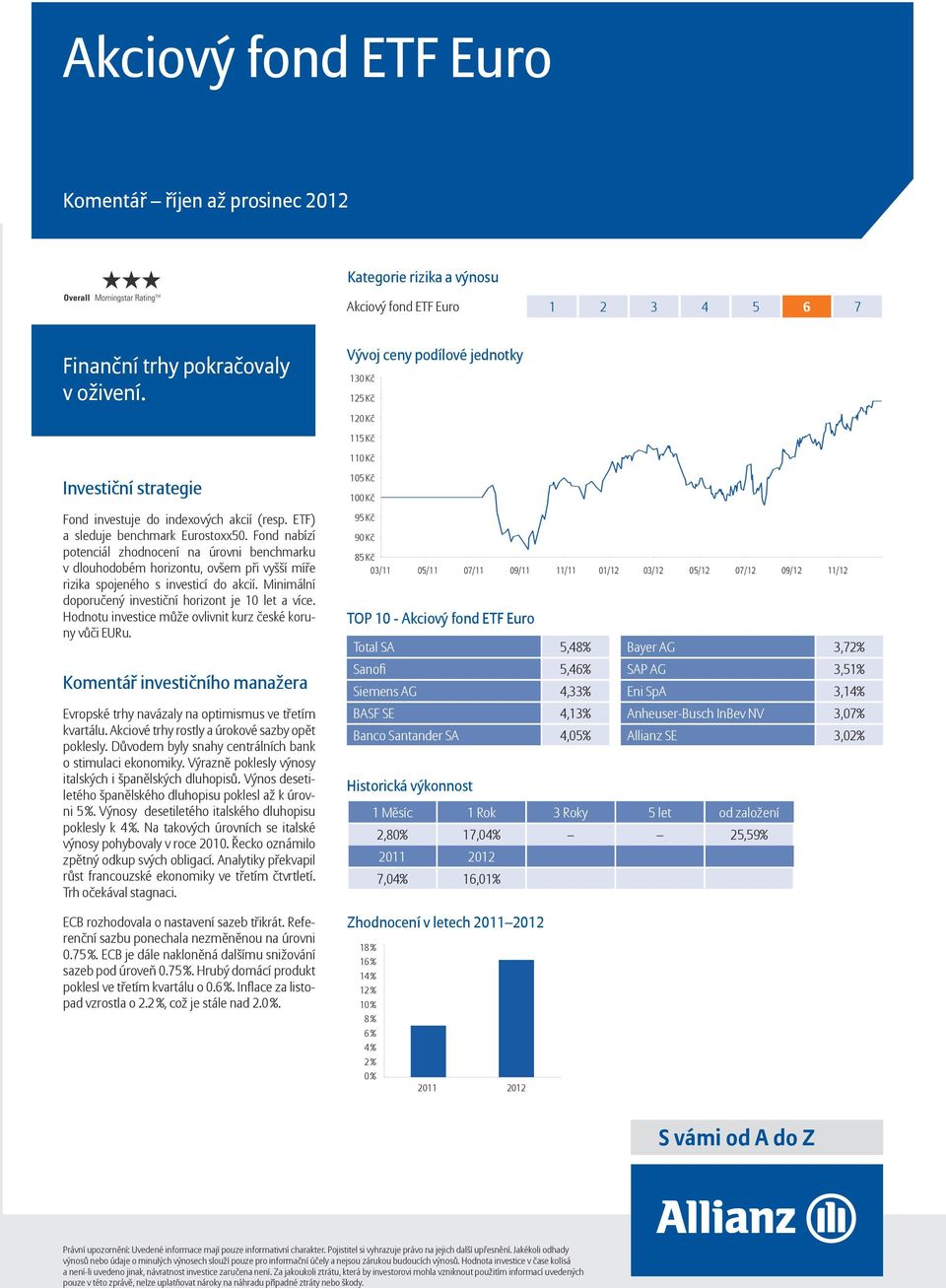 Hodnotu investice může ovlivnit kurz české koruny vůči EURu. Evropské trhy navázaly na optimismus ve třetím kvartálu. Akciové trhy rostly a úrokové sazby opět poklesly.