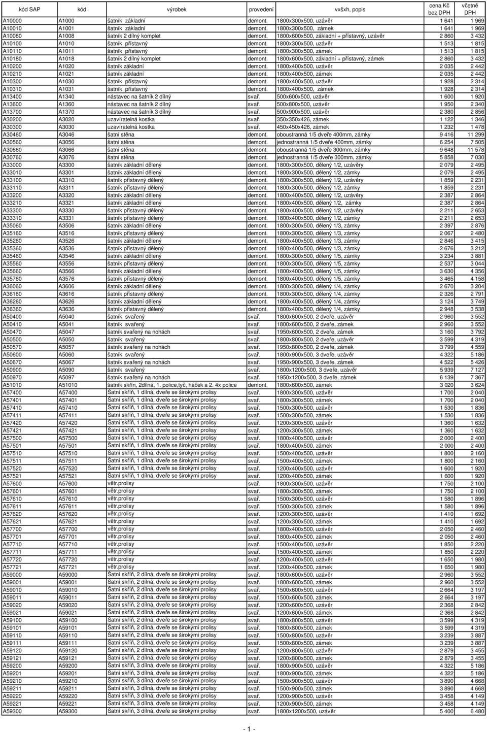 1800x300x500, zámek 1 513 1 815 A10180 A1018 šatník 2 dílný komplet demont. 1800x600x500, základní + přístavný, zámek 2 860 3 432 A10200 A1020 šatník základní demont.