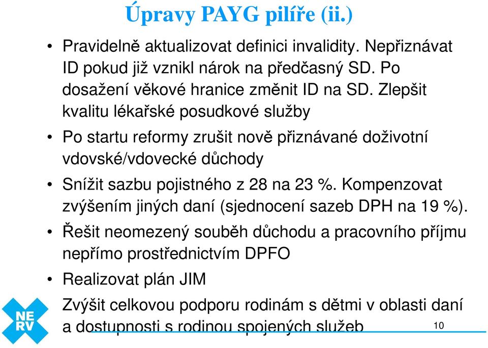 Zlepšit kvalitu lékařské posudkové služby Po startu reformy zrušit nově přiznávané doživotní vdovské/vdovecké důchody Snížit sazbu pojistného z 28