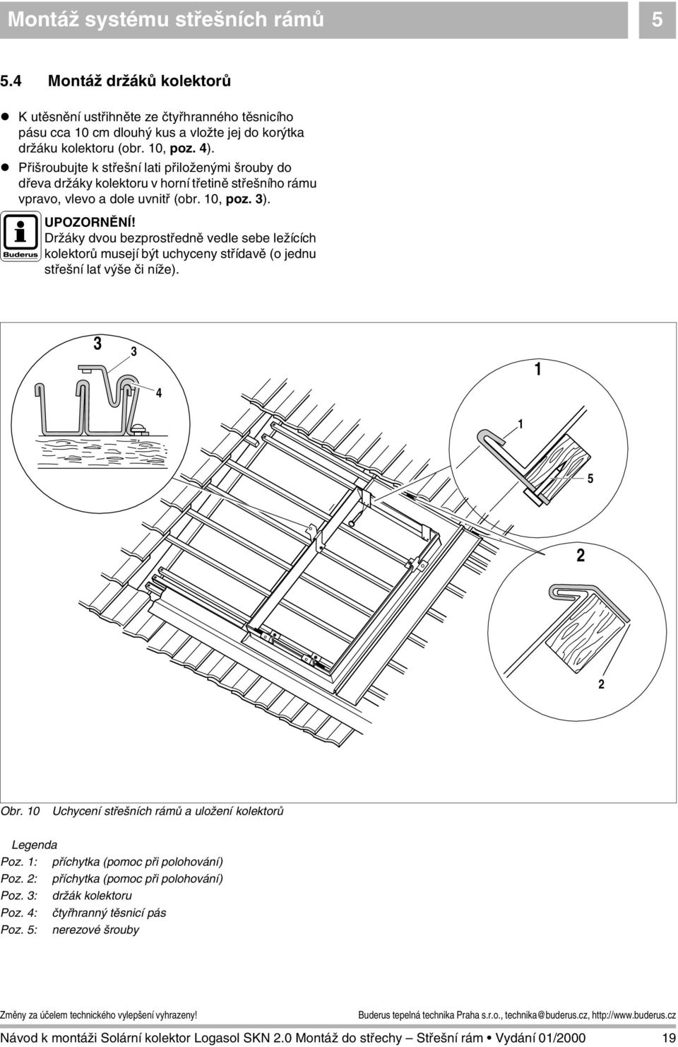 ! Přišroubujte k střešní lati přiloženými šrouby do dřeva držáky kolektoru v horní třetině střešního rámu vpravo, vlevo a dole uvnitř (obr. 10, poz. 3). JUPOZORNĚNÍ!