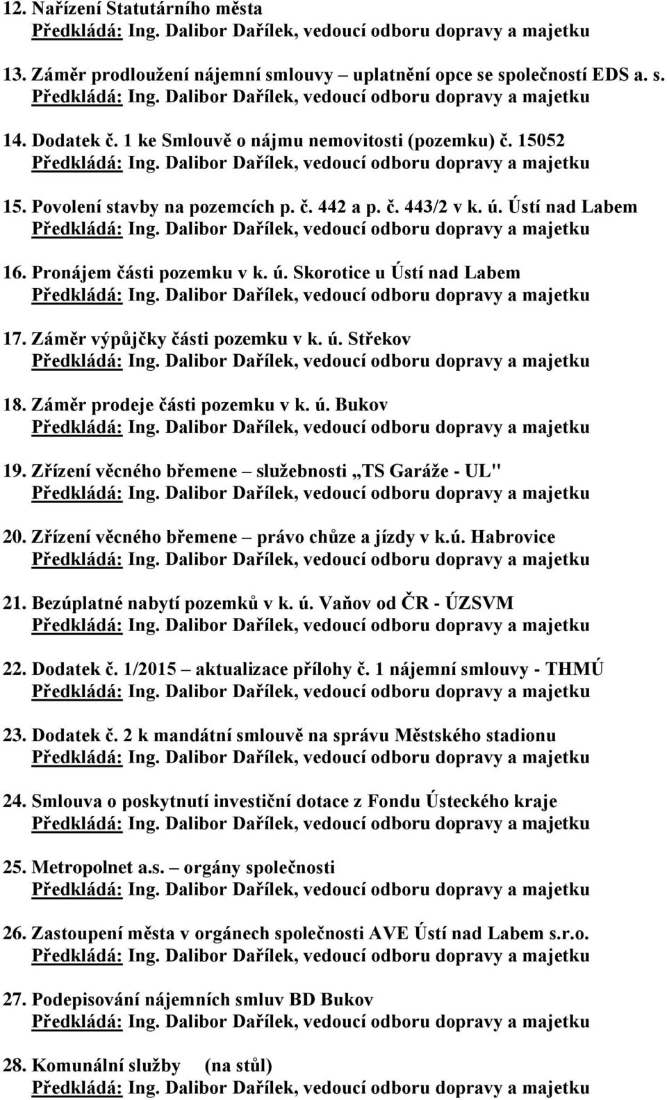 Záměr prodeje části pozemku v k. ú. Bukov 19. Zřízení věcného břemene služebnosti TS Garáže - UL" 20. Zřízení věcného břemene právo chůze a jízdy v k.ú. Habrovice 21. Bezúplatné nabytí pozemků v k. ú. Vaňov od ČR - ÚZSVM 22.