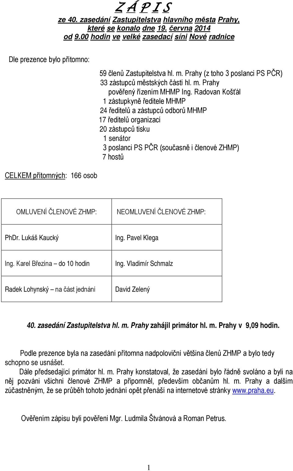 Radovan Košťál 1 zástupkyně ředitele MHMP 24 ředitelů a zástupců odborů MHMP 17 ředitelů organizací 20 zástupců tisku 1 senátor 3 poslanci PS PČR (současně i členové ZHMP) 7 hostů CELKEM přítomných: