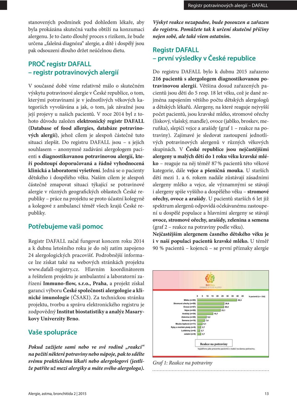 PROČ registr DAFALL registr potravinových alergií V současné době víme relativně málo o skutečném výskytu potravinové alergie v České republice, o tom, kterými potravinami je v jednotlivých věkových