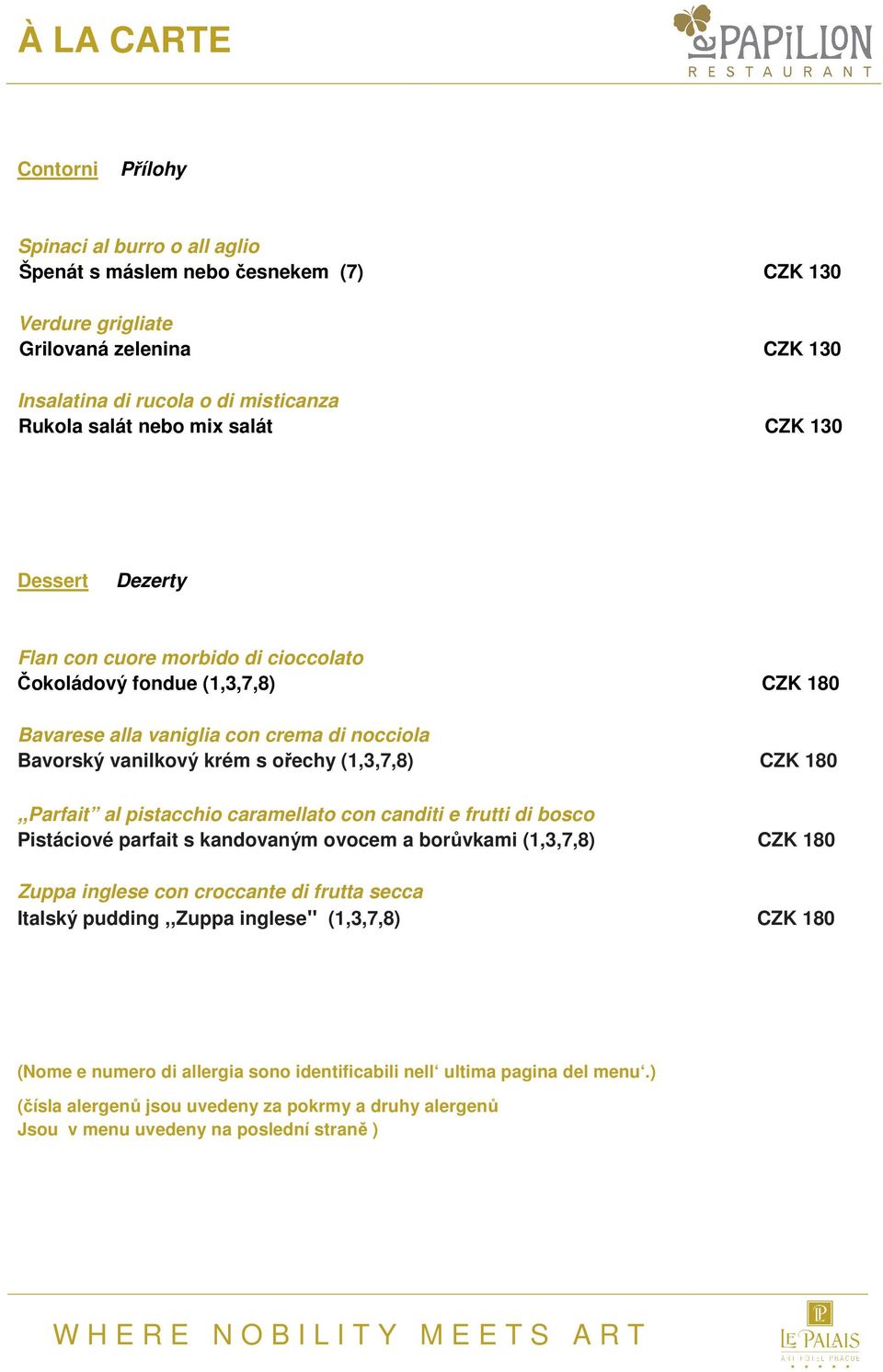 vanilkový krém s ořechy (1,3,7,8) CZK 180,,Parfait al pistacchio caramellato con canditi e frutti di bosco Pistáciové parfait s kandovaným ovocem a borůvkami (1,3,7,8) CZK 180
