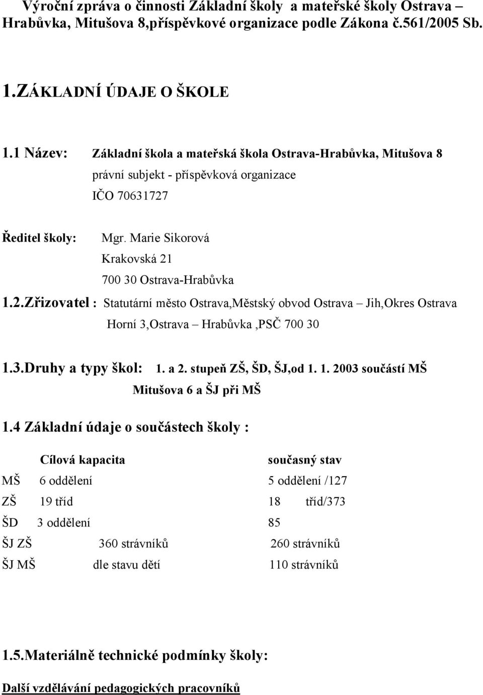 Ředitel školy: Mgr. Marie Sikorová Krakovská 21 700 30 Ostrava-Hrabůvka 1.2.Zřizovatel : Statutární město Ostrava,Městský obvod Ostrava Jih,Okres Ostrava Horní 3,Ostrava Hrabůvka,PSČ 700 30 1.3.Druhy a typy škol: 1.