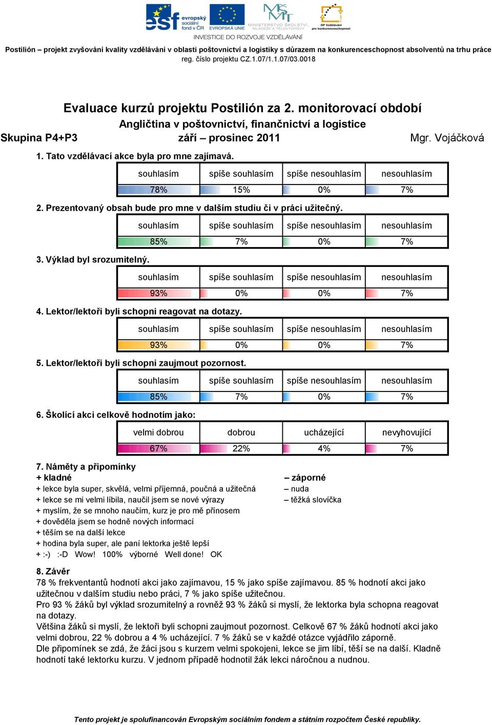 nové výrazy těžká slovíčka + myslím, že se mnoho naučím, kurz je pro mě přínosem + dověděla jsem se hodně nových informací + těším se na další lekce + hodina byla super, ale paní lektorka ještě lepší