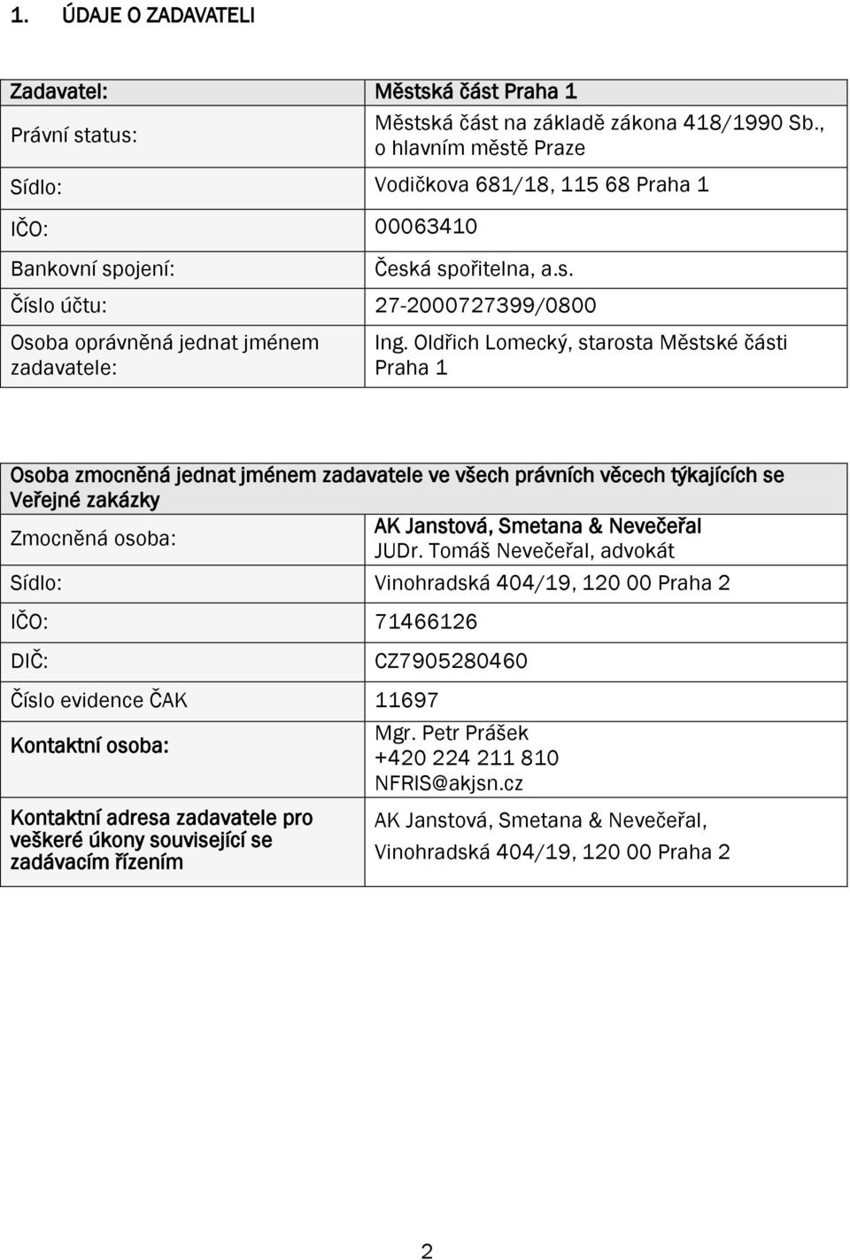 Oldřich Lomecký, starosta Městské části Praha 1 Osoba zmocněná jednat jménem zadavatele ve všech právních věcech týkajících se Veřejné zakázky AK Janstová, Smetana & Nevečeřal Zmocněná osoba: JUDr.