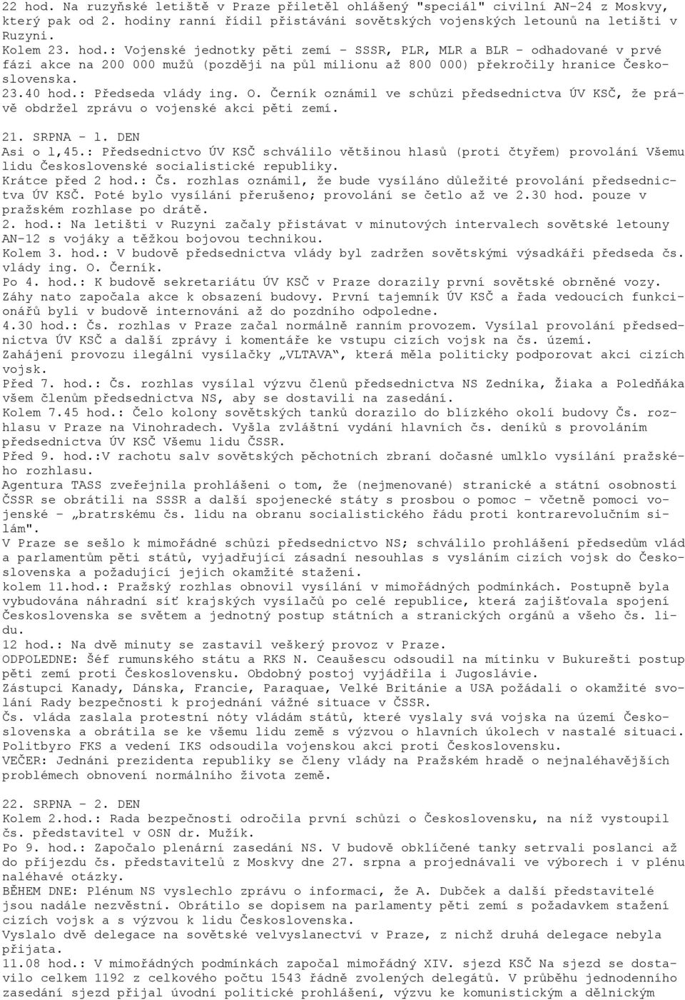 : Předsednictvo ÚV KSČ schválilo většinou hlasů (proti čtyřem) provolání Všemu lidu Československé socialistické republiky. Krátce před 2 hod.: Čs.