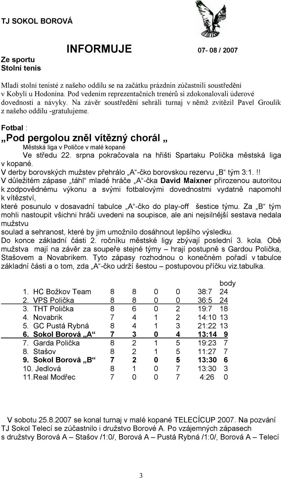 Fotbal : Pod pergolou zněl vítězný chorál Městská liga v Poličce v malé kopané Ve středu 22. srpna pokračovala na hřišti Spartaku Polička městská liga v kopané.