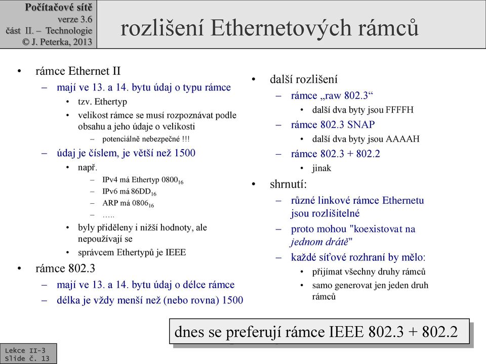 . byly přiděleny i nižší hodnoty, ale nepoužívají se správcem Ethertypů je IEEE mají ve 13. a 14. bytu údaj o délce rámce délka je vždy menší než (nebo rovna) 1500 další rozlišení rámce raw 802.