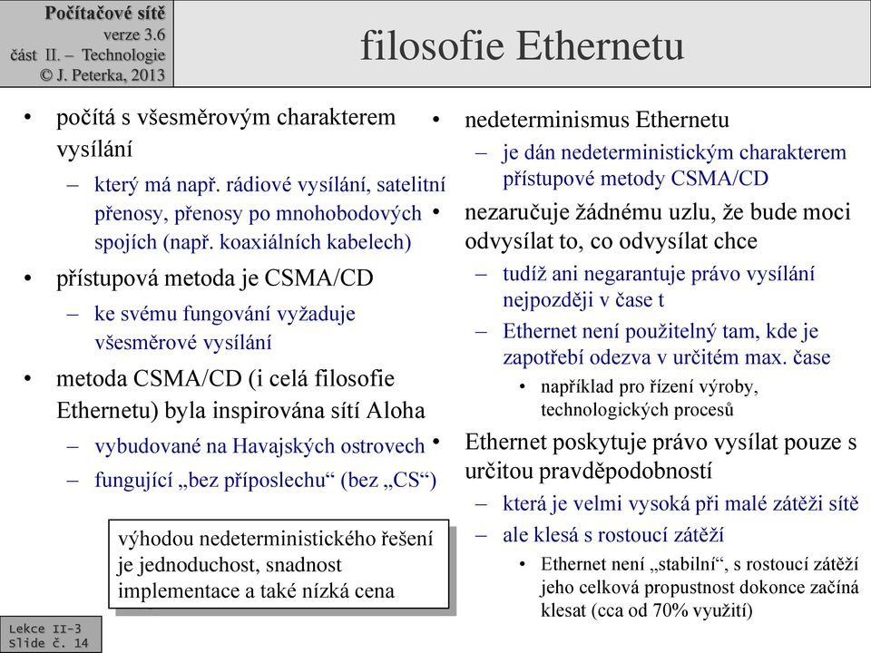 ostrovech fungující bez příposlechu (bez CS ) výhodou nedeterministického řešení je jednoduchost, snadnost implementace a také nízká cena nedeterminismus Ethernetu je dán nedeterministickým