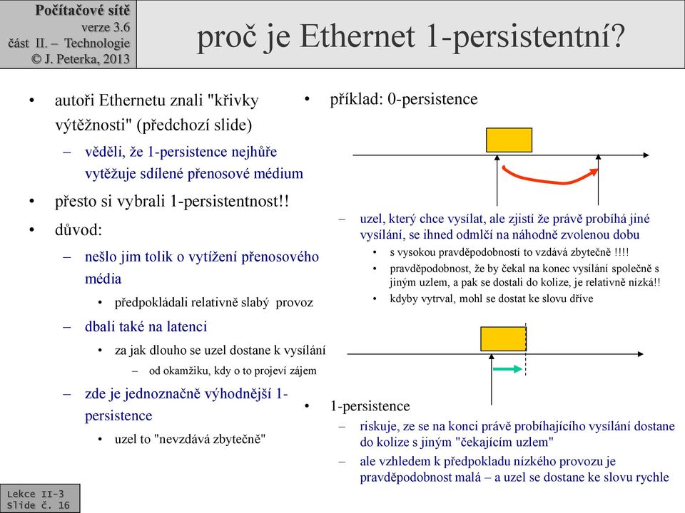 ! důvod: nešlo jim tolik o vytížení přenosového média předpokládali relativně slabý provoz uzel, který chce vysílat, ale zjistí že právě probíhá jiné vysílání, se ihned odmlčí na náhodně zvolenou