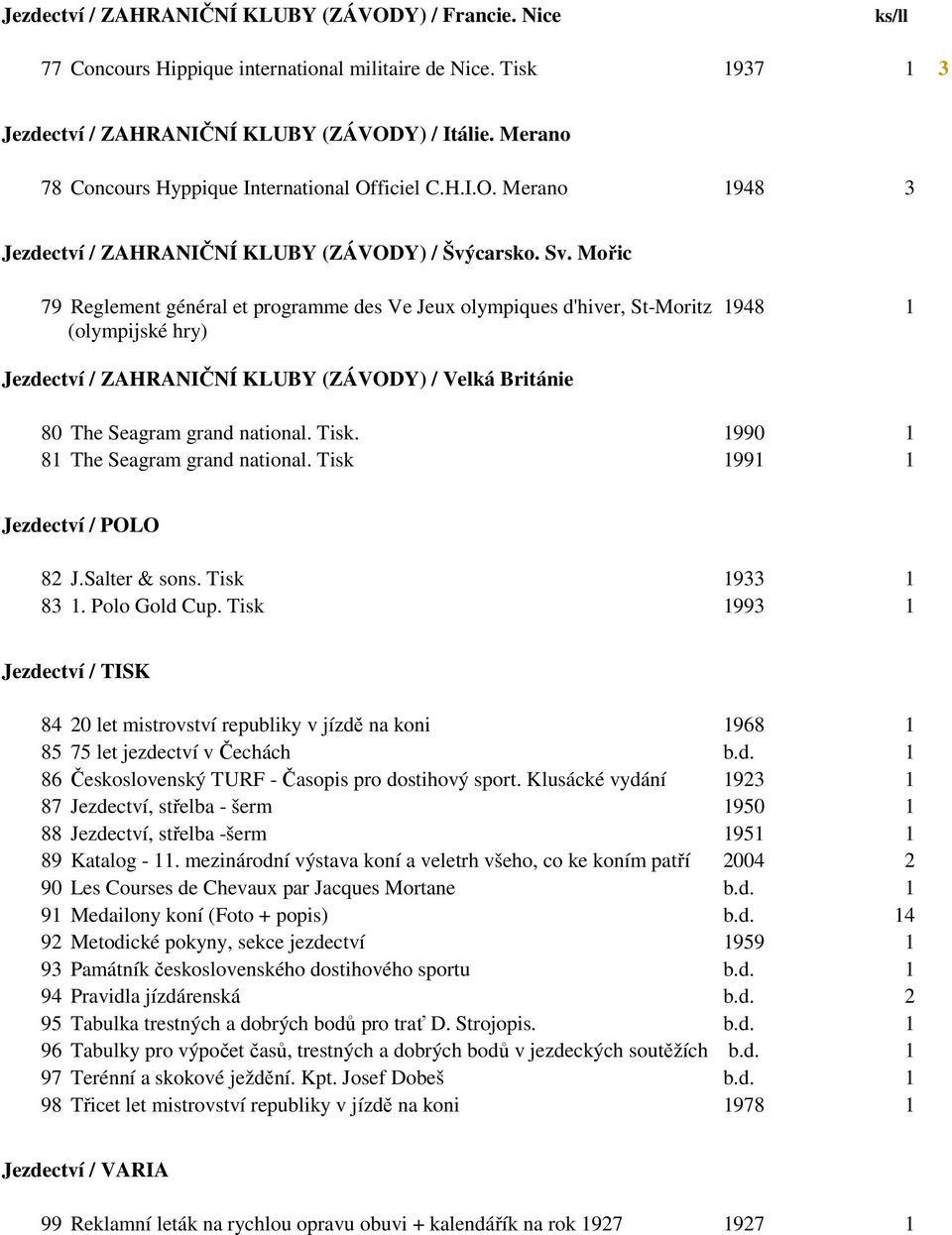 Mořic 79 Reglement général et programme des Ve Jeux olympiques d'hiver, St-Moritz 1948 1 (olympijské hry) Jezdectví / ZAHRANIČNÍ KLUBY (ZÁVODY) / Velká Británie 80 The Seagram grand national. Tisk.