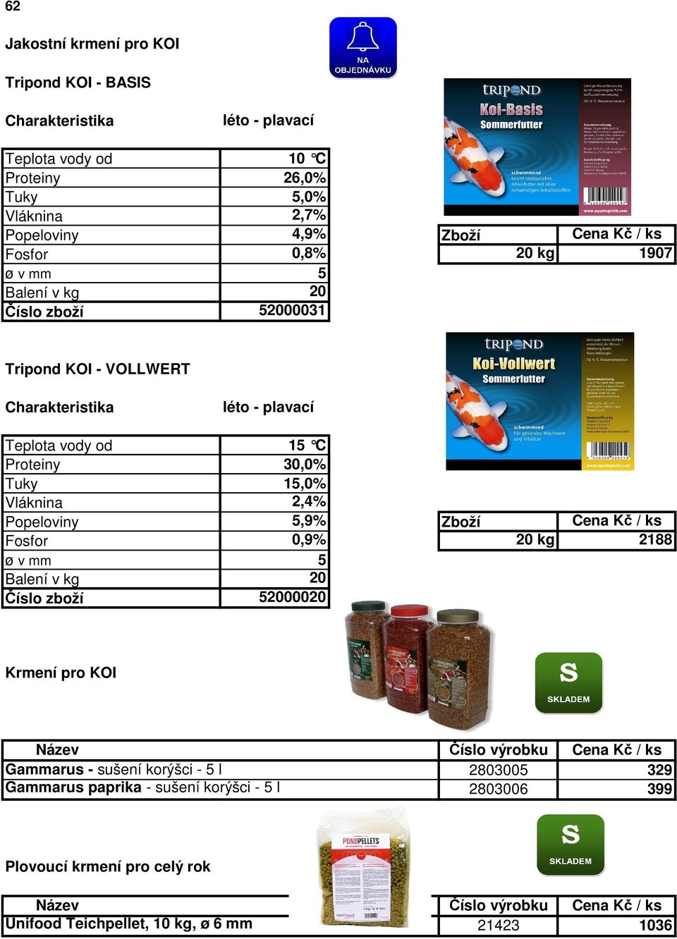 Cena Kč / ks Fosfor 0,9% 20 kg 2188 ø v mm 5 Balení v kg 20 Číslo zboží 52000020 Krmení pro KOI Název Číslo výrobku Cena Kč / ks Gammarus - sušení korýšci - 5 l