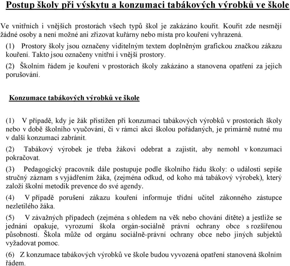 Takto jsou označeny vnitřní i vnější prostory. (2) Školním řádem je kouření v prostorách školy zakázáno a stanovena opatření za jejich porušování.