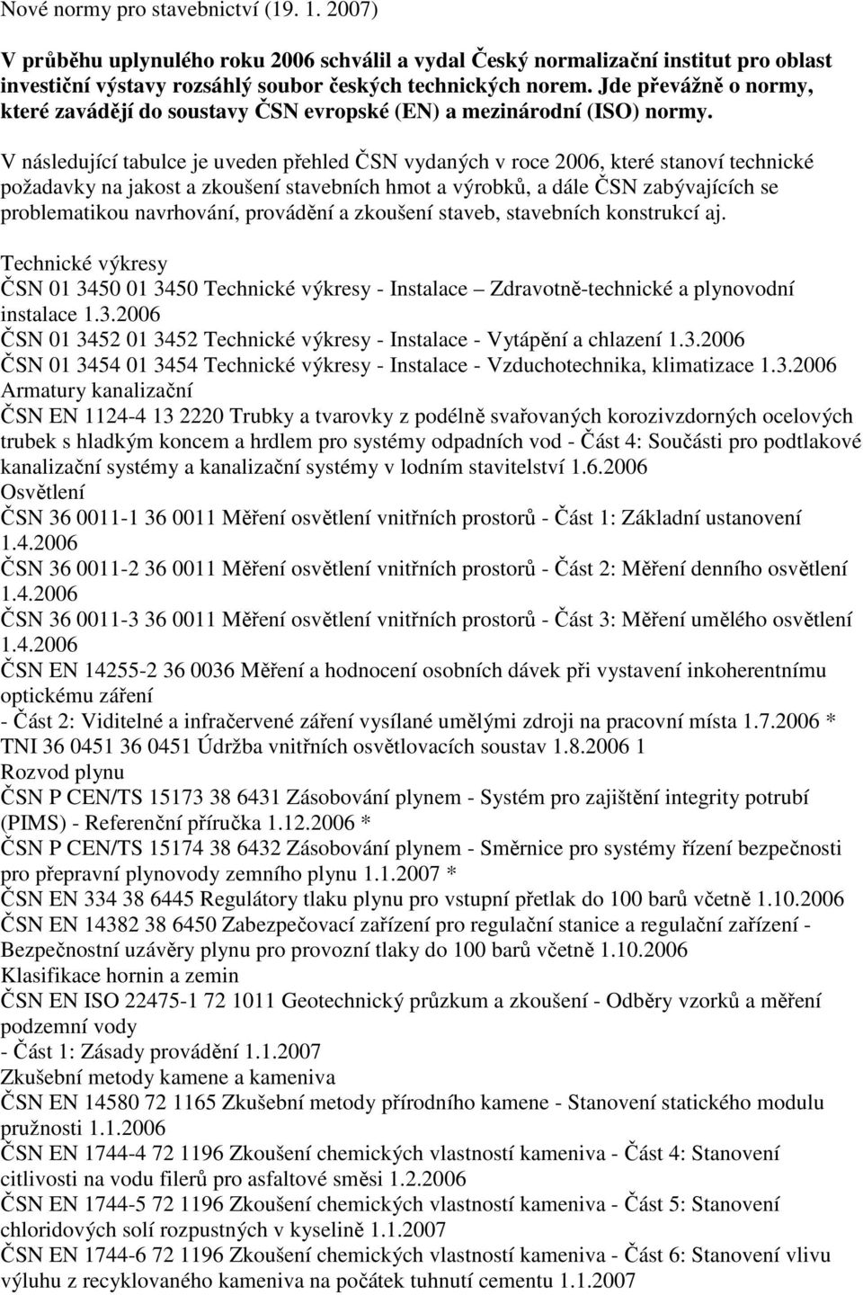 V následující tabulce je uveden přehled ČSN vydaných v roce 2006, které stanoví technické požadavky na jakost a zkoušení stavebních hmot a výrobků, a dále ČSN zabývajících se problematikou