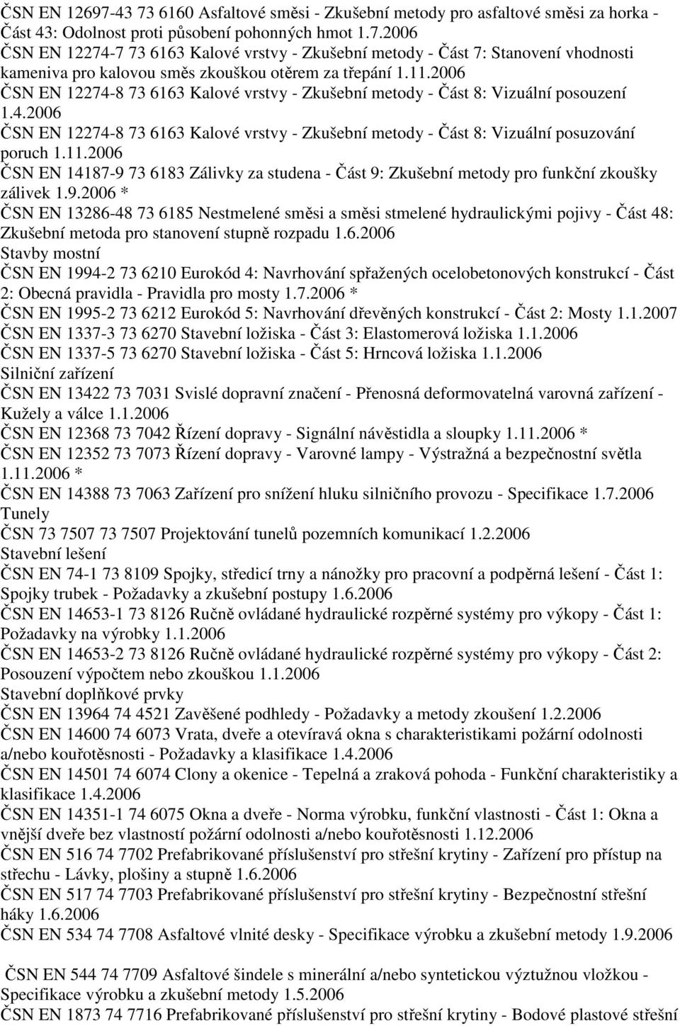 9.2006 * ČSN EN 13286-48 73 6185 Nestmelené směsi a směsi stmelené hydraulickými pojivy - Část 48: Zkušební metoda pro stanovení stupně rozpadu 1.6.2006 Stavby mostní ČSN EN 1994-2 73 6210 Eurokód 4: Navrhování spřažených ocelobetonových konstrukcí - Část 2: Obecná pravidla - Pravidla pro mosty 1.