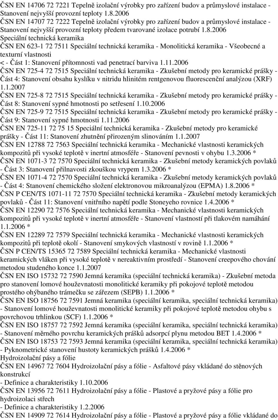 2006 Speciální technická keramika ČSN EN 623-1 72 7511 Speciální technická keramika - Monolitická keramika - Všeobecné a texturní vlastnosti < - Část 1: Stanovení přítomnosti vad penetrací barviva 1.