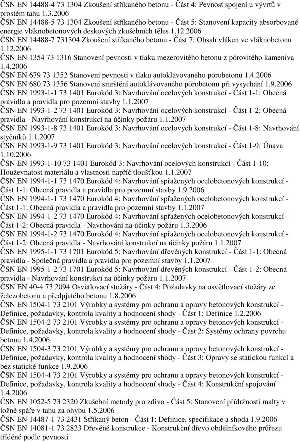 EN 679 73 1352 Stanovení pevnosti v tlaku autoklávovaného pórobetonu ČSN EN 680 73 1356 Stanovení smrštění autoklávovaného pórobetonu při vysychání 1.9.2006 ČSN EN 1993-1-1 73 1401 Eurokód 3: Navrhování ocelových konstrukcí - Část 1-1: Obecná pravidla a pravidla pro pozemní stavby 1.