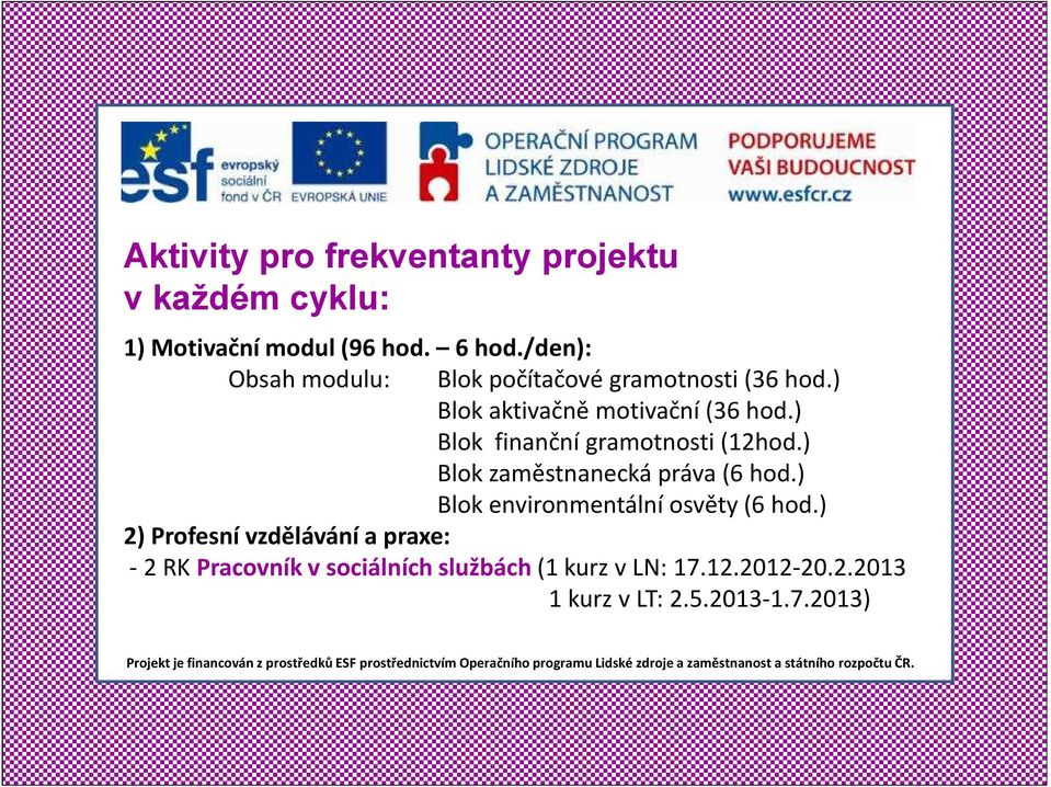 ) Blok finanční gramotnosti (12hod.) Blok zaměstnanecká práva (6 hod.) Blok environmentální osvěty (6 hod.