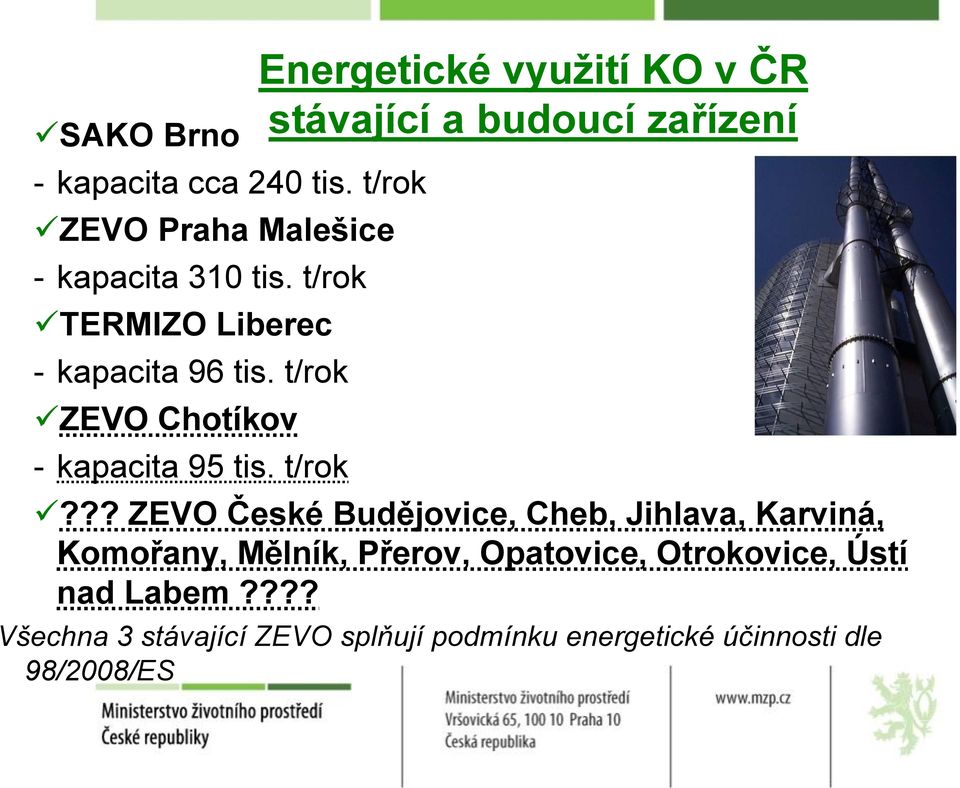 t/rok Energetické využití KO v ČR stávající a budoucí zařízení?