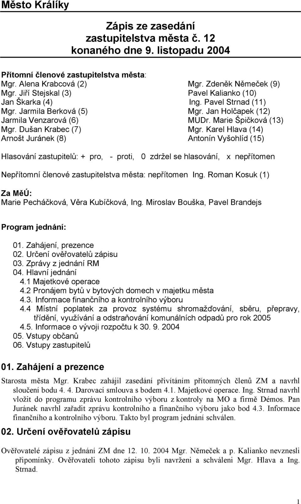 Karel Hlava (14) Arnošt Juránek (8) Antonín Vyšohlíd (15) Hlasování zastupitelů: + pro, - proti, 0 zdržel se hlasování, x nepřítomen Nepřítomní členové zastupitelstva města: nepřítomen Ing.