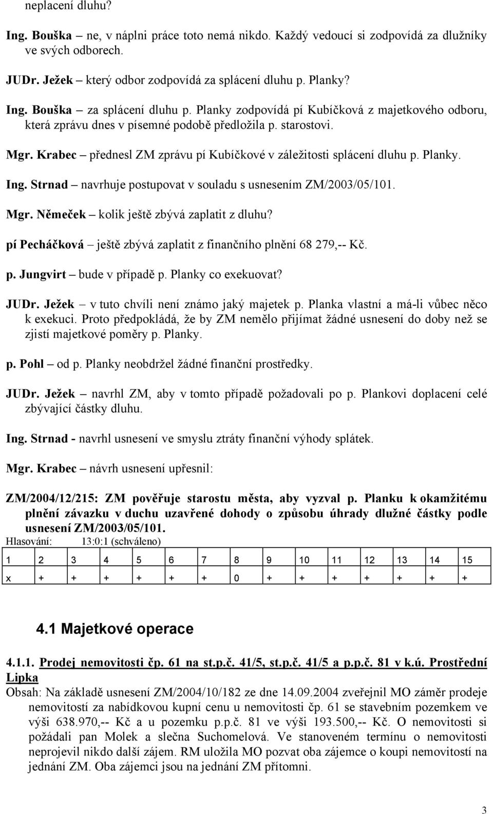 Ing. Strnad navrhuje postupovat v souladu s usnesením ZM/2003/05/101. Mgr. Němeček kolik ještě zbývá zaplatit z dluhu? pí Pecháčková ještě zbývá zaplatit z finančního plnění 68 279,-- Kč. p. Jungvirt bude v případě p.