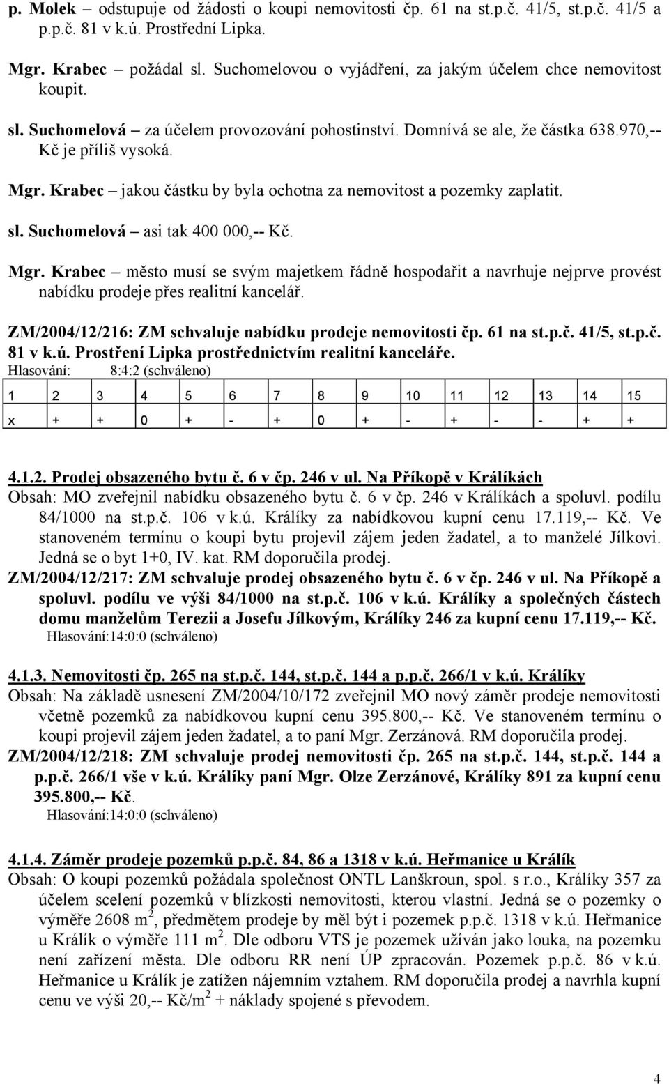 Krabec jakou částku by byla ochotna za nemovitost a pozemky zaplatit. sl. Suchomelová asi tak 400 000,-- Kč. Mgr.