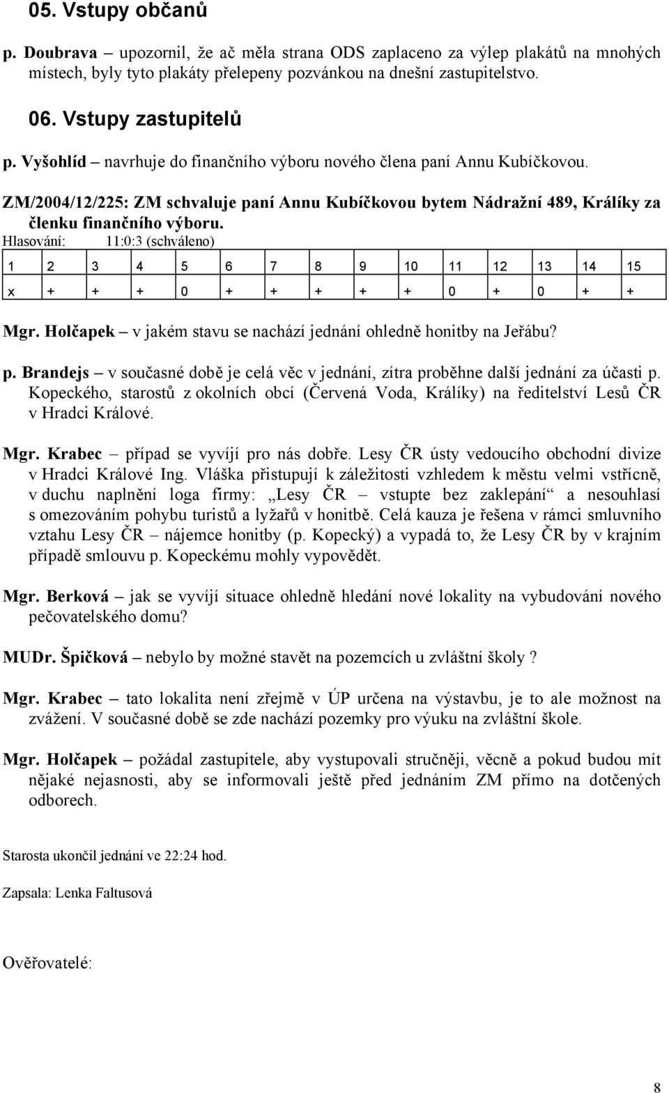 Hlasování: 11:0:3 (schváleno) 1 2 3 4 5 6 7 8 9 10 11 12 13 14 15 x + + + 0 + + + + + 0 + 0 + + Mgr. Holčapek v jakém stavu se nachází jednání ohledně honitby na Jeřábu? p.