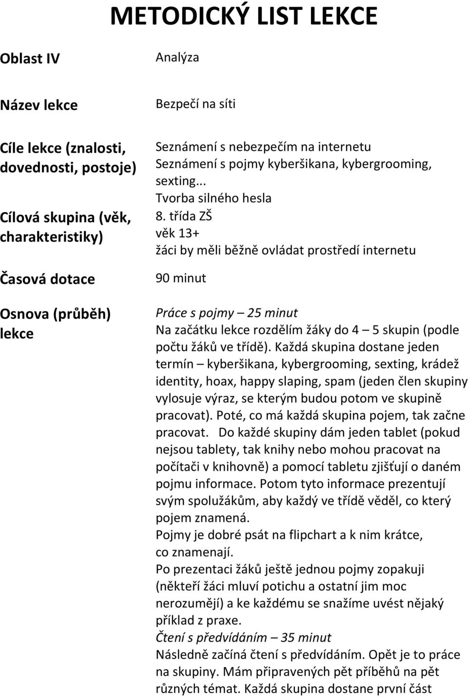 třída ZŠ věk 13+ žáci by měli běžně ovládat prostředí internetu 90 minut Práce s pojmy 25 minut Na začátku lekce rozdělím žáky do 4 5 skupin (podle počtu žáků ve třídě).