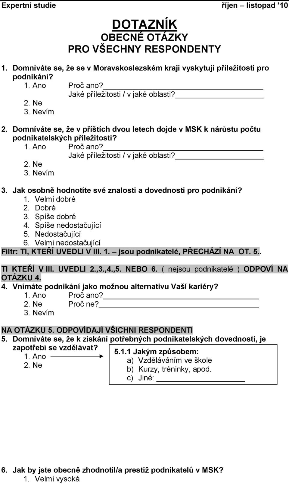 Jak osobně hodnotíte své znalosti a dovednosti pro podnikání? 1. Velmi dobré 2. Dobré 3. Spíše dobré 4. Spíše nedostačující 5. Nedostačující 6. Velmi nedostačující Filtr: TI, KTEŘÍ UVEDLI V III. 1. jsou podnikatelé, PŘECHÁZÍ NA OT.