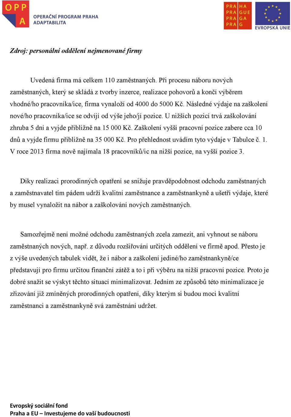 Následné výdaje na zaškolení nové/ho pracovníka/ice se odvíjí od výše jeho/jí pozice. U nižších pozicí trvá zaškolování zhruba 5 dní a vyjde přibližně na 5 000 Kč.