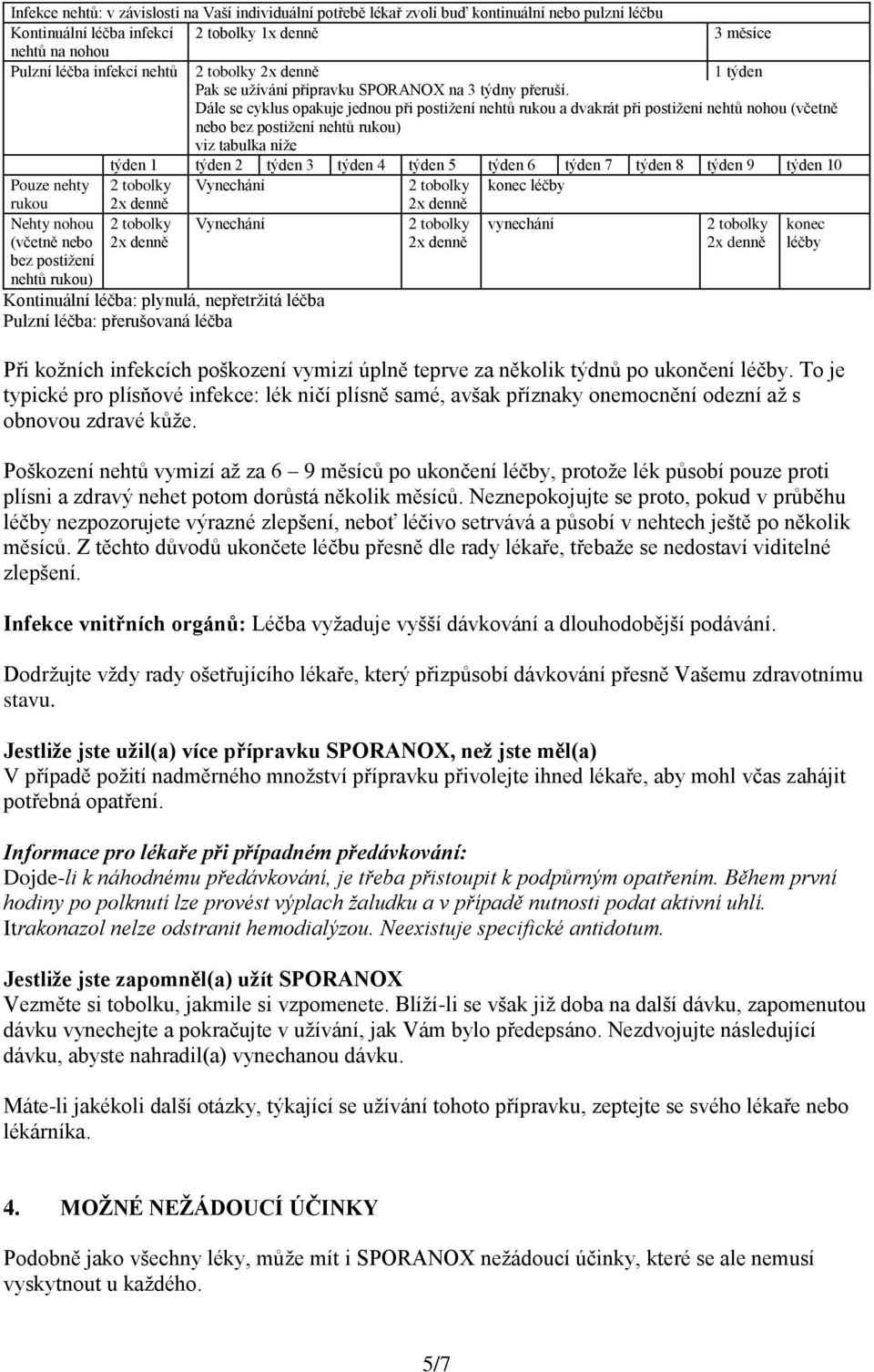 Dále se cyklus opakuje jednou při postižení nehtů rukou a dvakrát při postižení nehtů nohou (včetně nebo bez postižení nehtů rukou) viz tabulka níže týden 1 týden 2 týden 3 týden 4 týden 5 týden 6