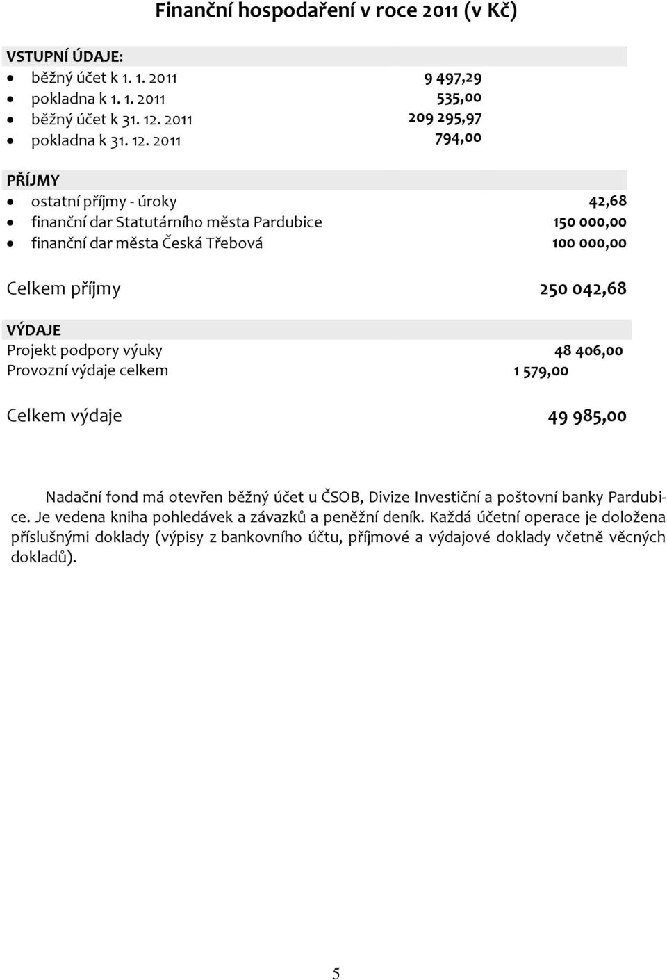 2011 9 497,29 535,00 209 295,97 794,00 PŘÍJMY ostatní příjmy - úroky 42,68 finanční dar Statutárního města Pardubice 150 000,00 finanční dar města Česká Třebová 100 000,00 Celkem