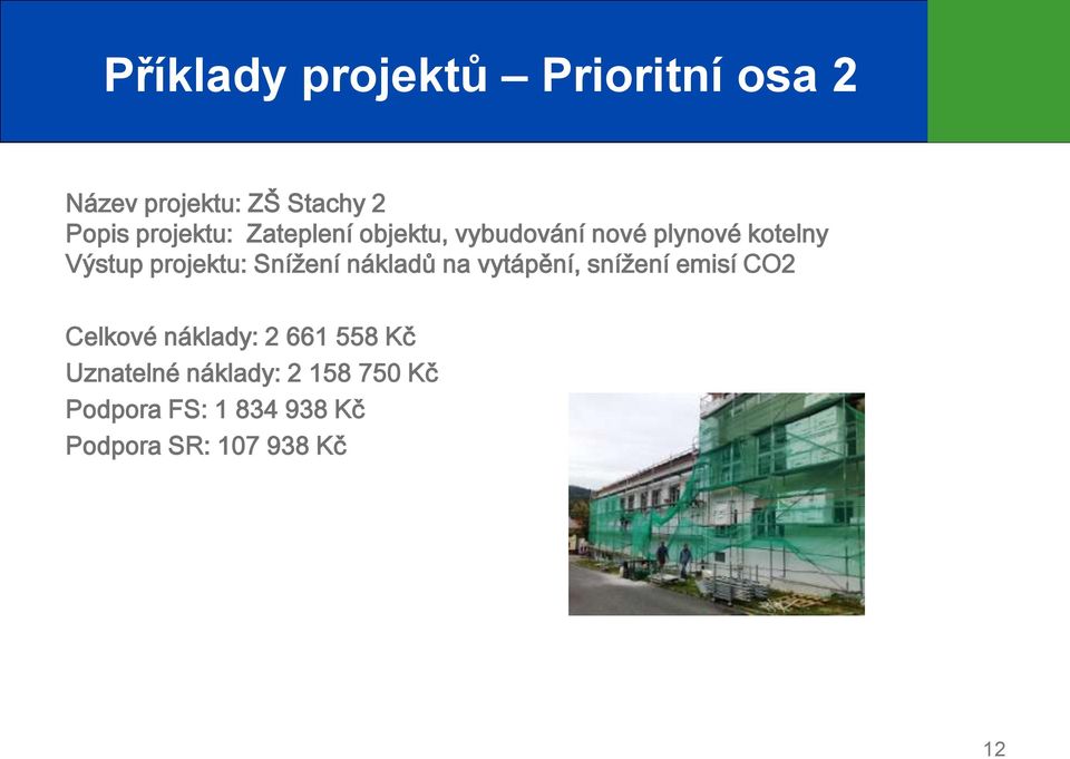 projektu: Snížení nákladů na vytápění, snížení emisí CO2 Celkové náklady: 2